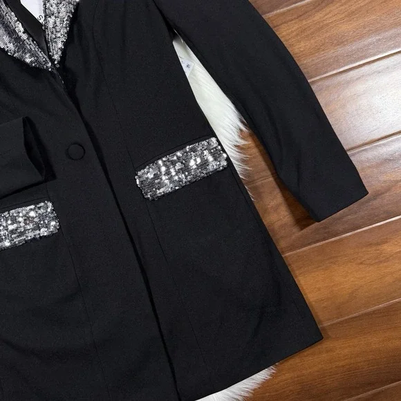 Dress‎ The Population Women's Size Medium Black Sequin Berkley Mini Blazer Dress - Picture 3 of 13